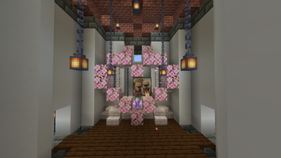 Комната в Minecraft с картиной жителей, цветами азалии, фонарями и свечами