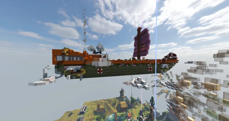 Летающий корабль в Minecraft с розовым парусом и трубой в облаках