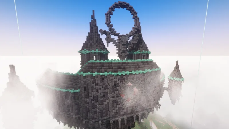 Мрачный летающий замок с темными башнями и аркой в тумане в Minecraft