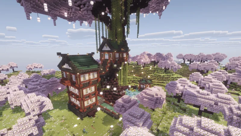 Домик на дереве сакуры в Minecraft с зелёной крышей, фонарями и садом