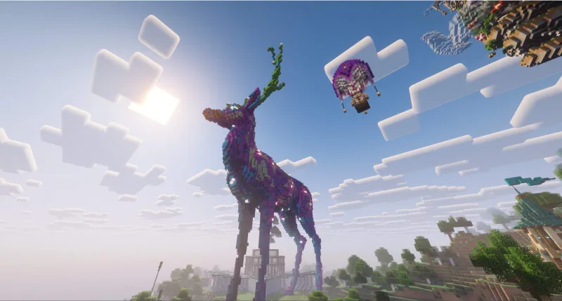 Огромная фиолетовая статуя оленя со светящимися рогами в Minecraft на фоне облаков