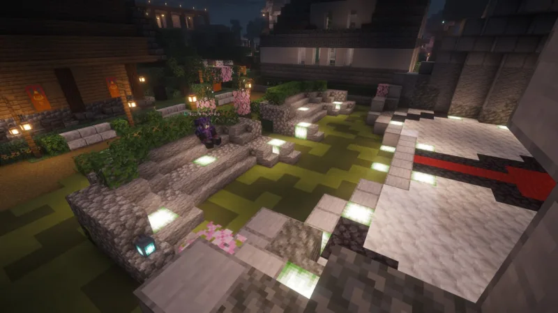 Каменный амфитеатр в Minecraft с подсветкой, зеленью и сакурой