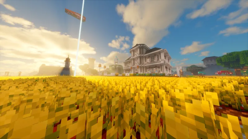 Классический дом и большое поле золотой пшеницы в Minecraft с шейдерами