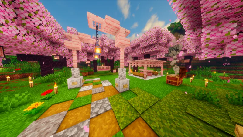 Розовый домик из сакуры с верандой, садом и тропинками в Minecraft