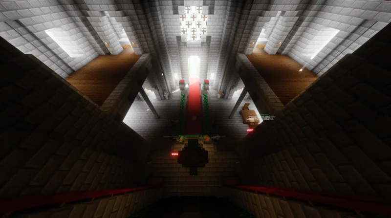 Каменный замок с высокими башнями и зелёными баннерами в Minecraft