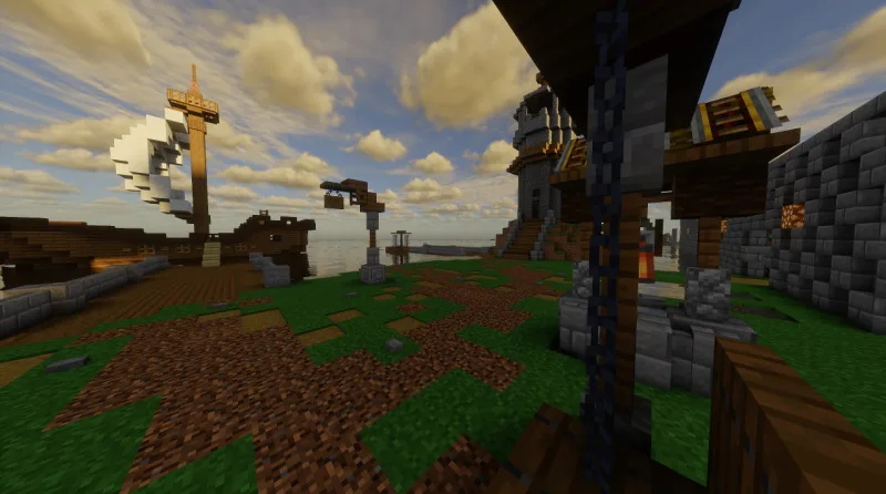 Пирс из дерева и камня у моря в Minecraft с фонарями и цепями
