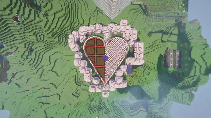 Постройка в виде сердца из конфет и цветов в Minecraft, вид сверху