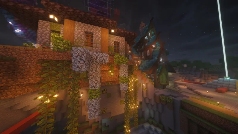 Домик ведьмы в Minecraft на скале с лианами и фонарями ночью