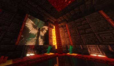 МапАрт Ангел с крыльями в тёмном зале Minecraft с лавой и красными блоками
