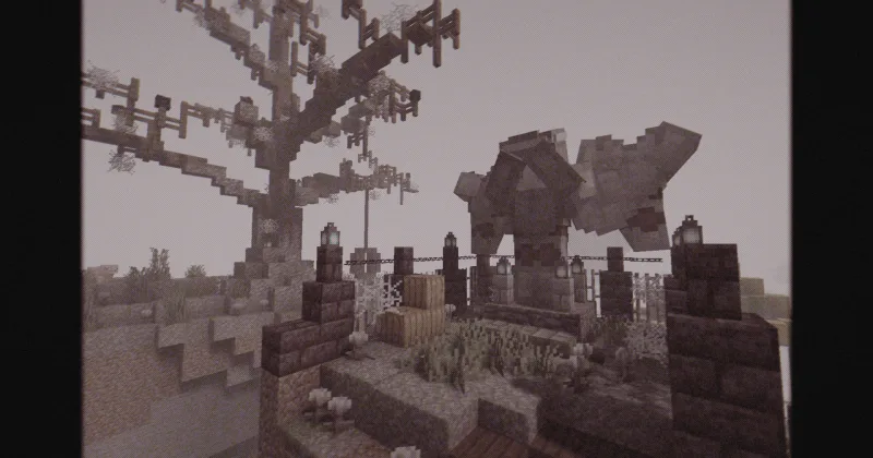 Мрачная зона кошмаров с деревом, фонарями и цепями в Minecraft