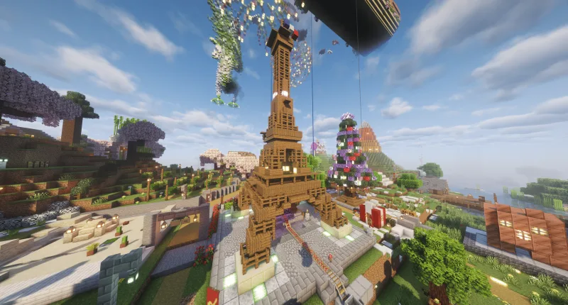 Эйфелева башня из дерева в Minecraft среди сакуры и украшений