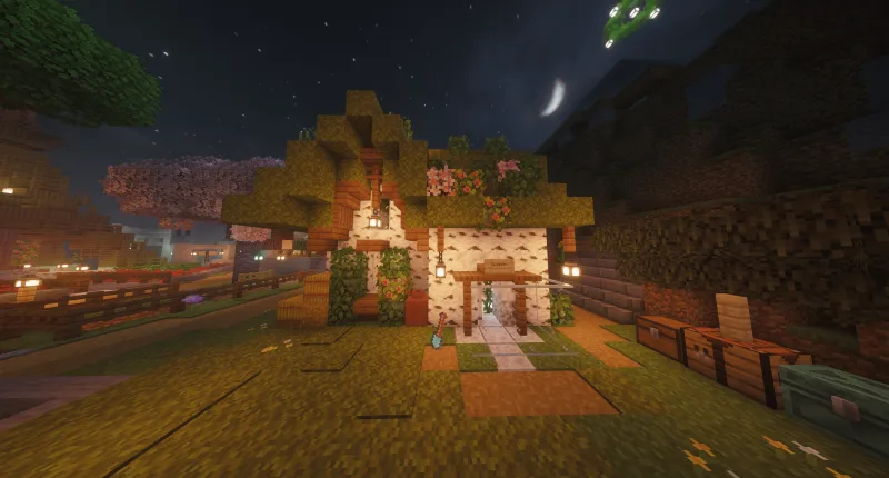 Уютный дом из берёзы и мха с цветами на крыше в Minecraft ночью