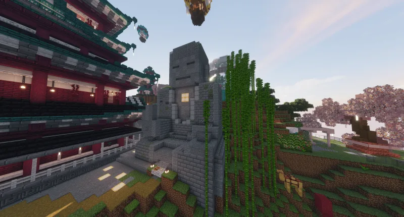 Каменная статуя Будды в Minecraft рядом с восточным храмом и бамбуком