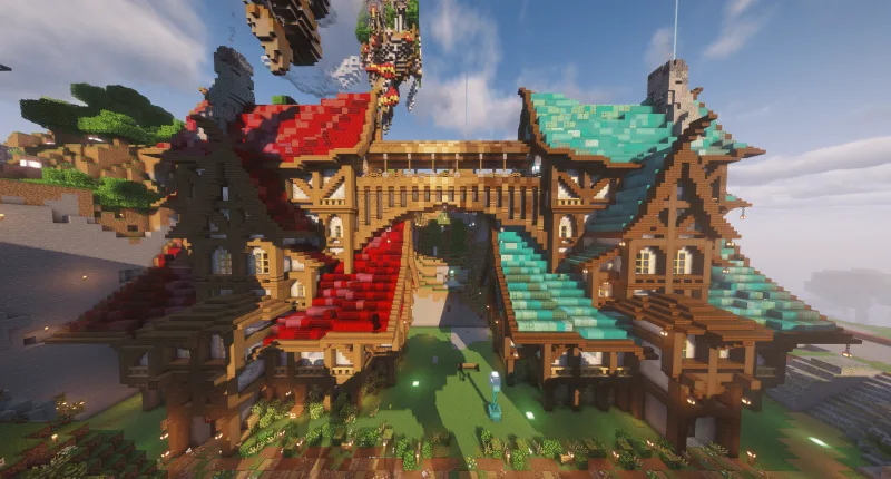 Два фэнтезийных дома в Minecraft с красной и бирюзовой крышей и резными балконами