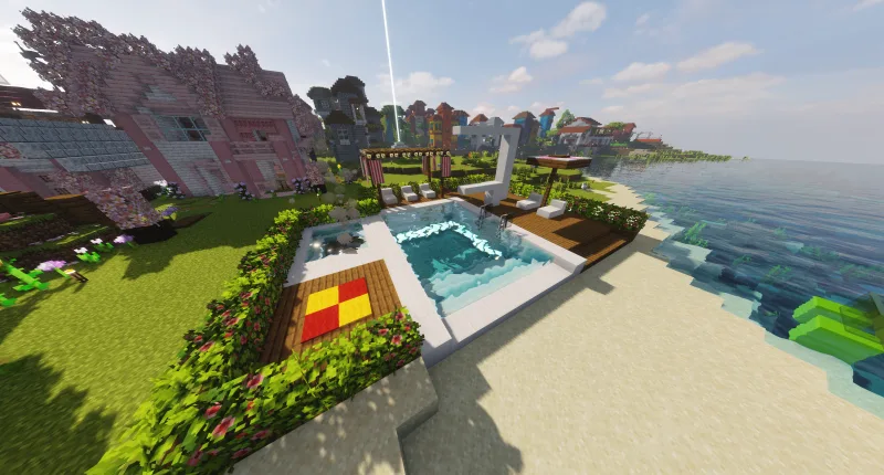 Бассейн с деревянным настилом и пляж у моря в Minecraft