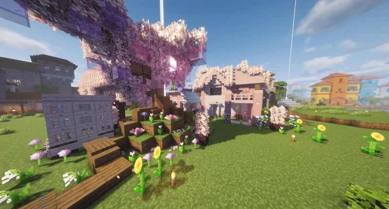 Розовый домик с деревом сакуры и цветами в Minecraft