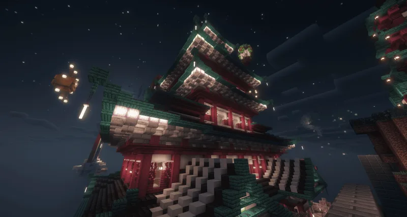 Многоярусная японская пагода в Minecraft ночью с подсветкой и парящими островами