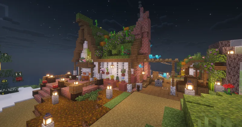 Уютный коттедж в Minecraft с садом на крыше, цветами и фонарями ночью