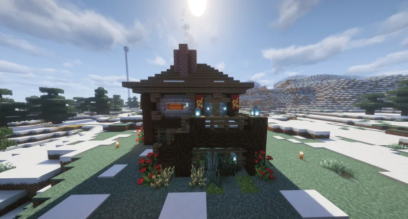 Деревянный домик в Minecraft с кирпичной трубой и фонарями в снежном биоме
