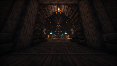 Тёмное подземелье в Minecraft с лавой на потолке и бирюзовыми огнями вдоль зала
