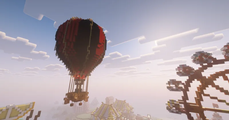 Красно-чёрный воздушный шар с деревянной корзиной в Minecraft над облаками