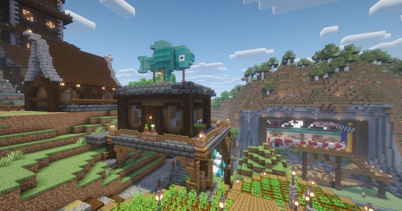 Дом рыбака с террасой и бирюзовой лодкой-рыбой в Minecraft