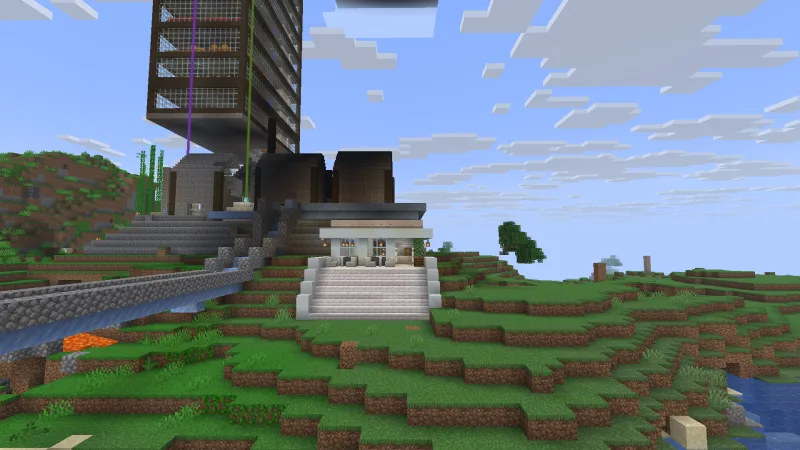 Кафе в белом стиле в Minecraft с лестницей и фонарями на холме