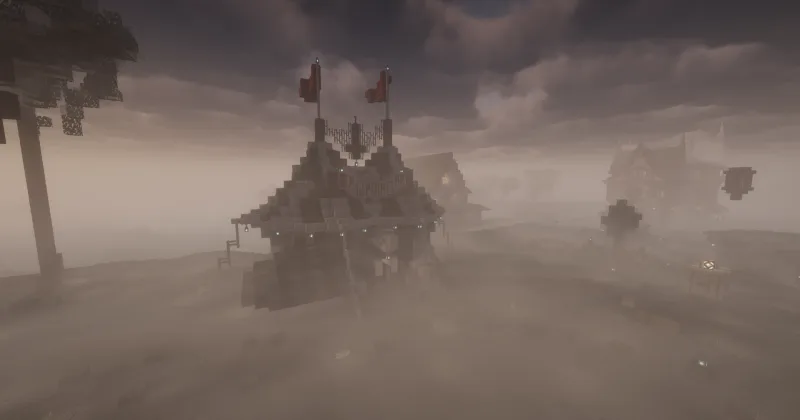 Карнавальное посольство в Minecraft с красными флагами в тумане