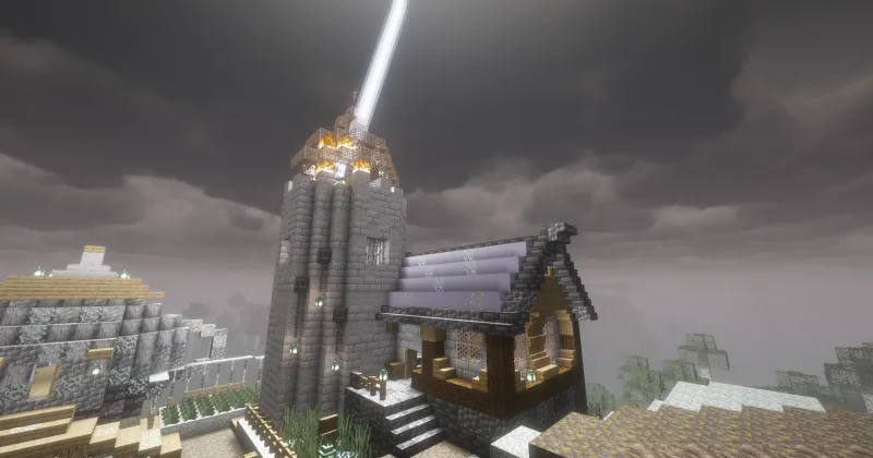 Каменная башня с домом учёного и лучом света в Minecraft