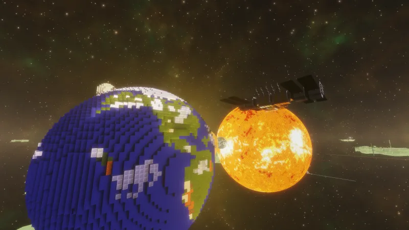 Планета Земля из блоков в Minecraft на фоне Солнца и звёзд