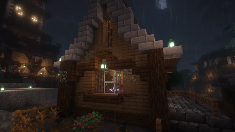 Мрачный деревянный дом в Minecraft с зелёными фонарями и садом ночью под дождём