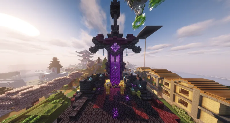 Портал в Незер в форме меча с золотыми стражами в Minecraft