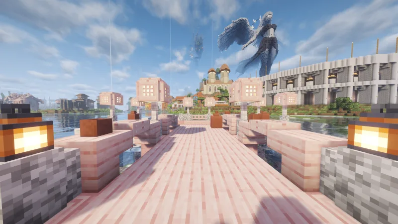 Розовый деревянный мост с фонарями в парке над водой в Minecraft