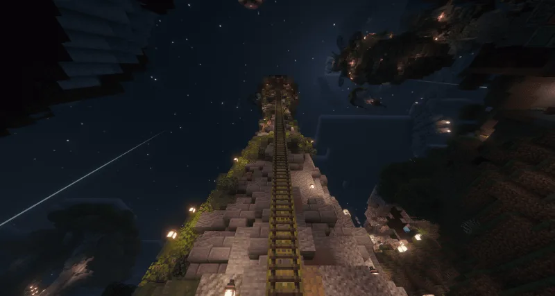 Высокая башня Рапунцель в Minecraft с лестницей и фонарями ночью
