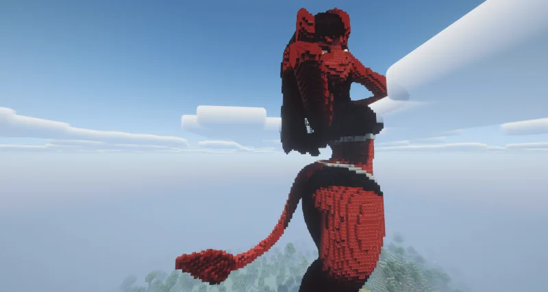Красно-чёрная статуя аниме-девушки суккуба с хвостом и рогами в Minecraft
