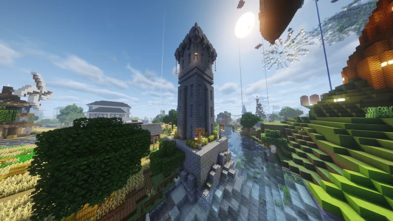 Высокая каменная сторожевая башня с зубцами и фонарями в Minecraft