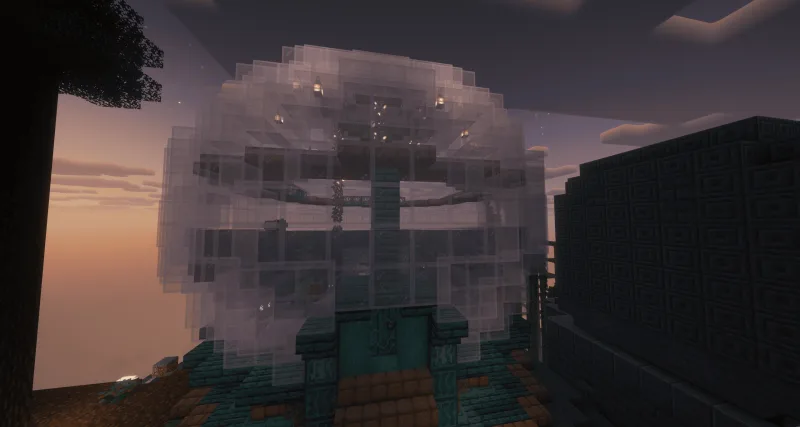 Стеклянный аквариум в форме шара с аксолотлями в Minecraft на закате