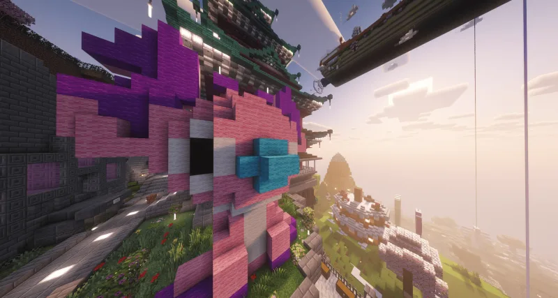 Статуя розовой инопланетянки Энджел из Лило и Стич в Minecraft с шейдерами
