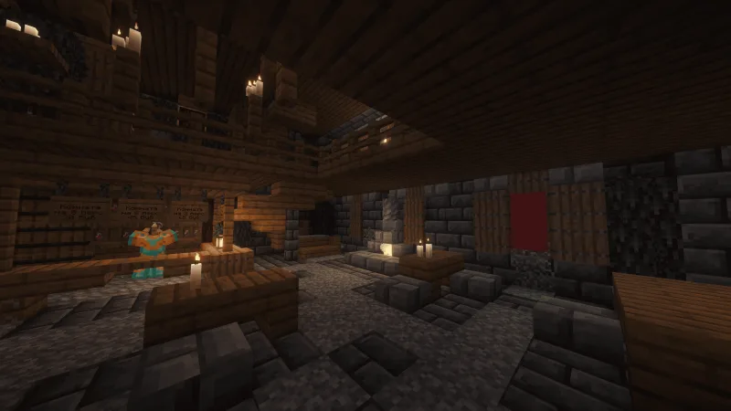 Интерьер кабака в Minecraft со свечами, деревянными стенами и вывесками цен на комнаты