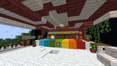 Казино в Minecraft с радужным полом и таблицей выигрышей