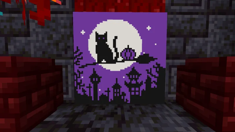 Пиксель-арт в Minecraft: чёрный кот на фоне луны и фиолетового неба
