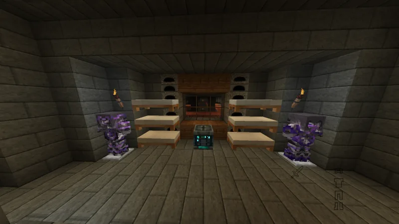 Подземный дом в Minecraft с кроватями, бронёй на стойках и печами