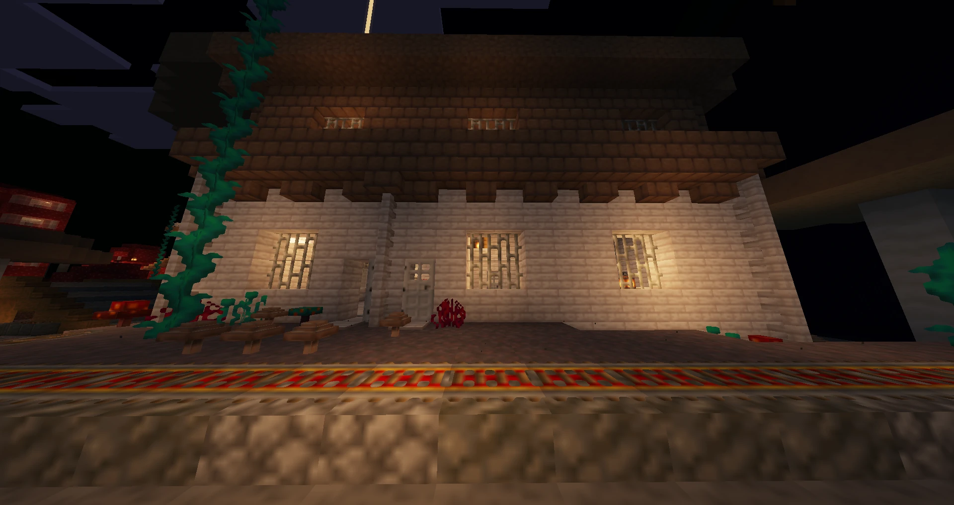 Белый дом с окнами и деревянной крышей ночью в Minecraft