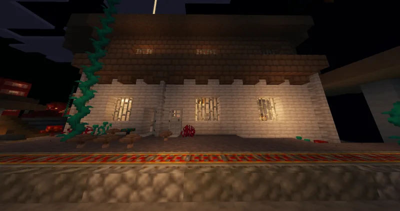Белый дом с окнами и деревянной крышей ночью в Minecraft