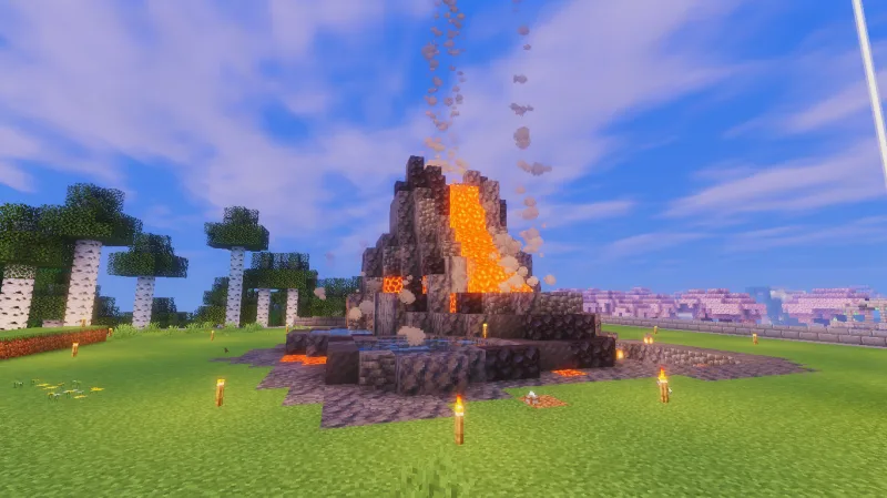 Мини-вулкан в Minecraft с лавой и дымом на зелёной равнине