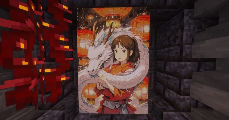 Пиксель-арт из «Унесённые призраками» в Minecraft: девочка и белый дракон с фонарями