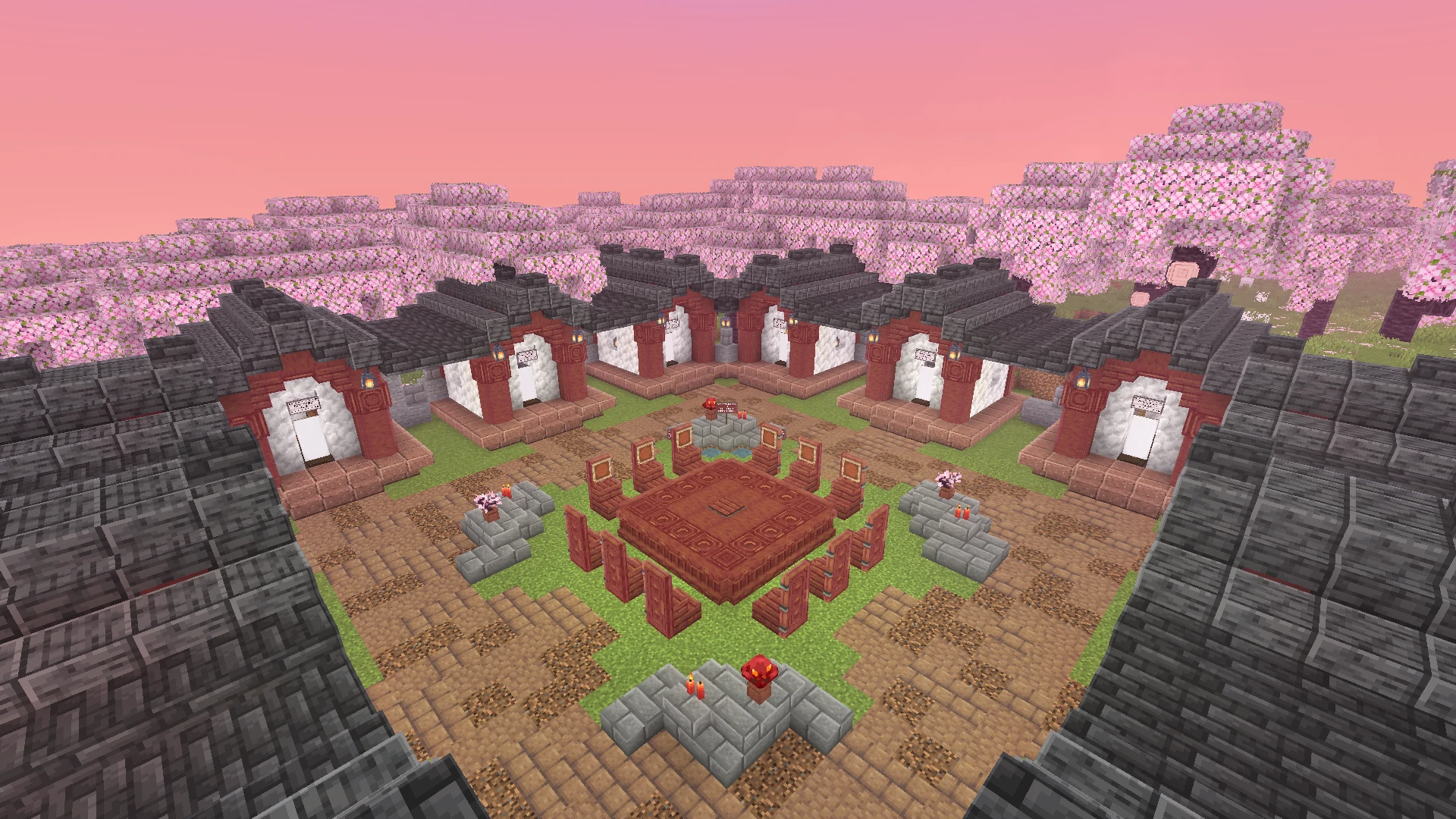 Арена мини-игры Мафия в Minecraft со столом, стульями и домиками среди сакуры