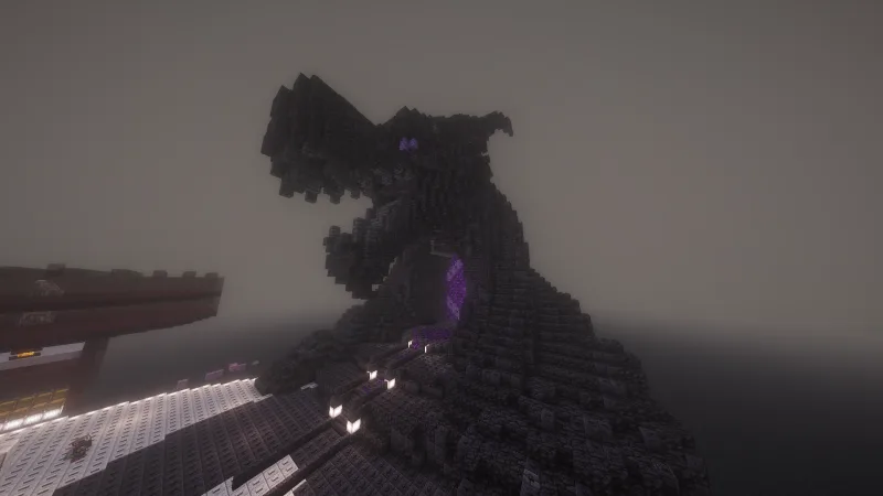 Статуя чёрного дракона с фиолетовым порталом в Minecraft
