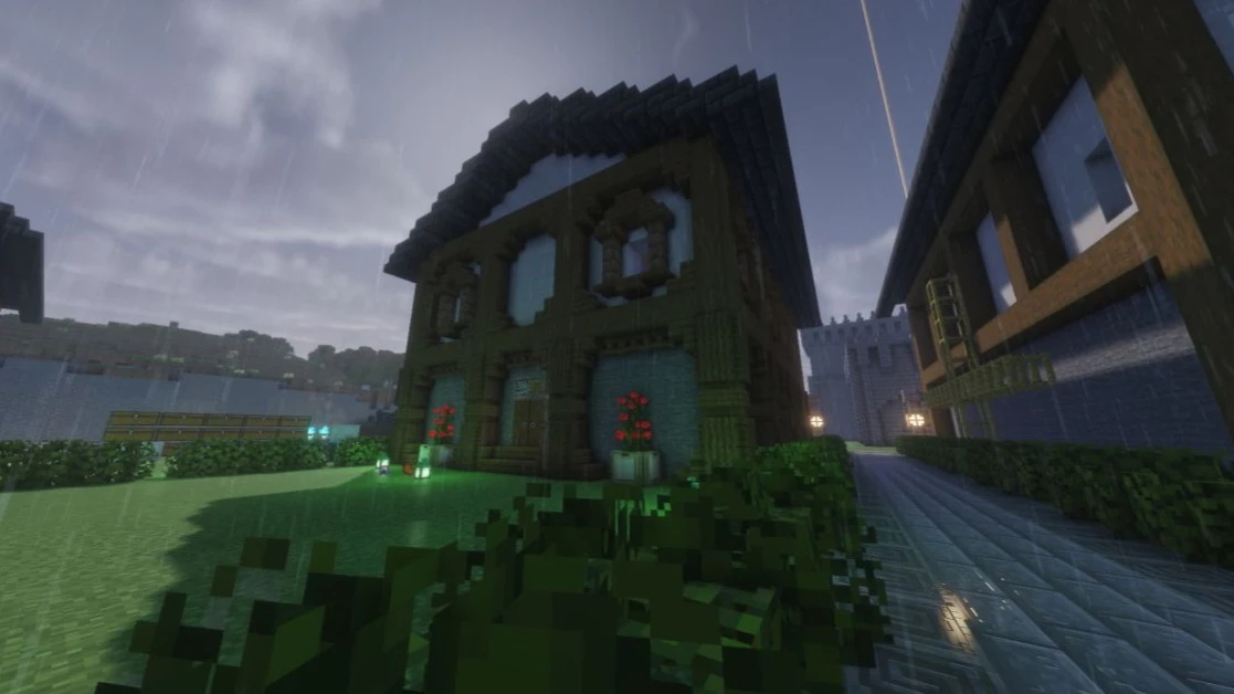Двухэтажный деревянный дом в Minecraft с большими окнами и тёмной крышей под дождём