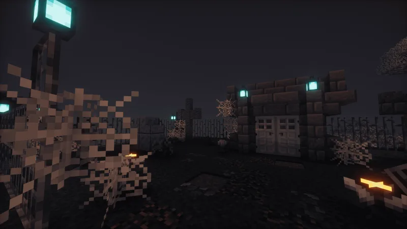 Мрачное кладбище в Minecraft ночью с фонарями, паутиной и надгробиями